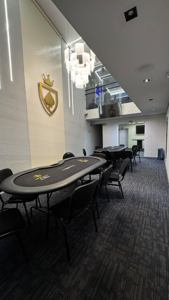 Vista do salão privativo com várias mesas de poker